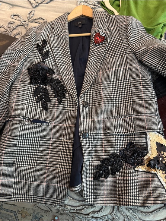 J. Crew Jackets & Blazers - J. Crew Black & White Plaid Blazer with Sequin Floral Appliqués